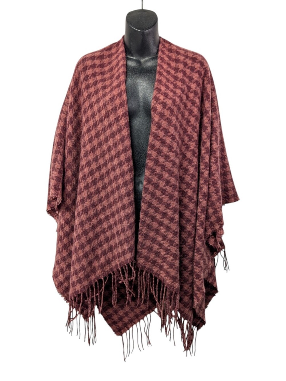 Allthreads Somerset Wrap Houndstooth Maroon Burgundy Fringe Shawl Poncho Onesize